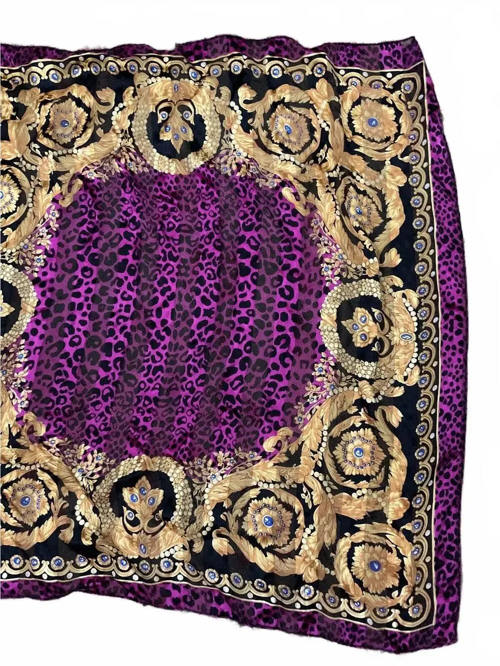 Elegant 100% Silk Purple Leopard Print and Gold Patterned Scarf